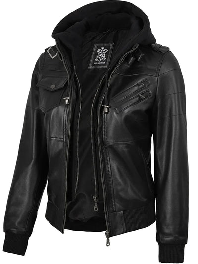 Womens Black Bomber Leather Jacket with Removable Hood