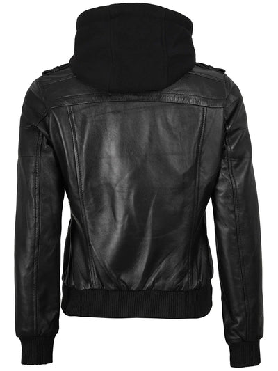 Bomber Black Leather Jacket with Removable Hood Womens