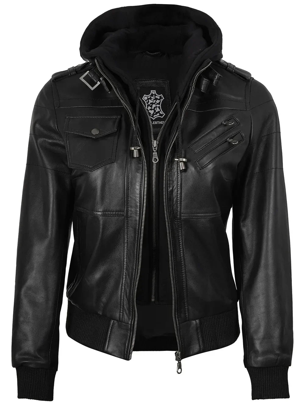 Womens Hooded Leather Jacket Bomber Style