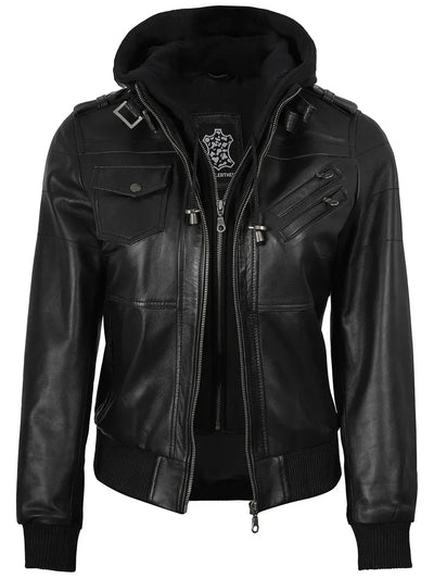 Womens Hooded Leather Jacket Bomber Style
