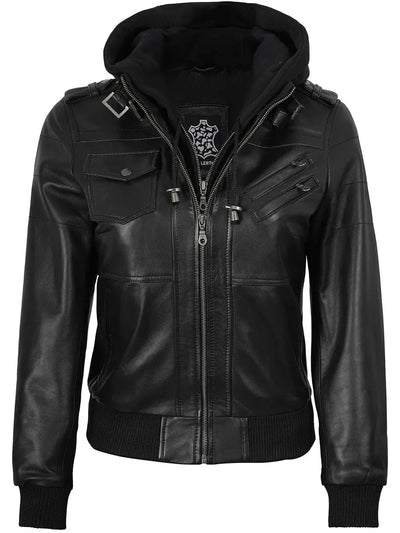 Womens Removable Hooded Leather Jacket Black
