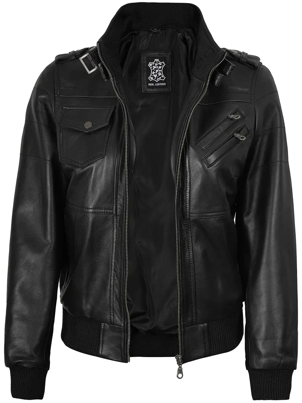 Womens Bomber Black Leather Jacket with Removable Hood