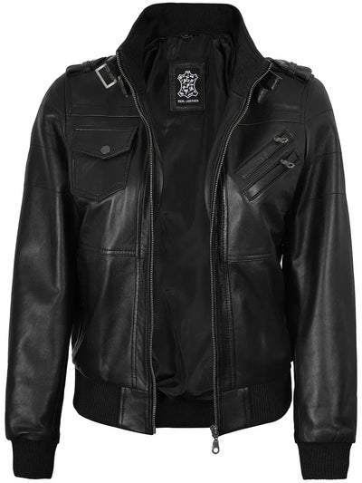 Womens Bomber Black Leather Jacket with Removable Hood